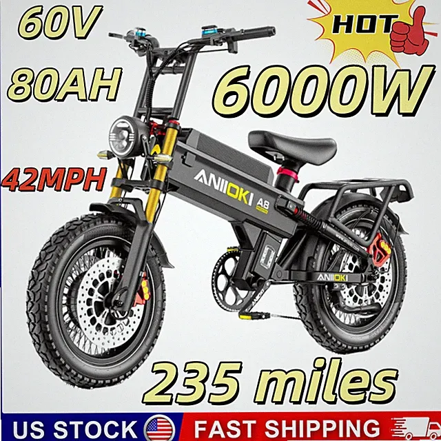 2025 A8 20"Aniioki Dual 6000W Electric Bike Fat Tire 60V 80AH 42MPH 7-speed US