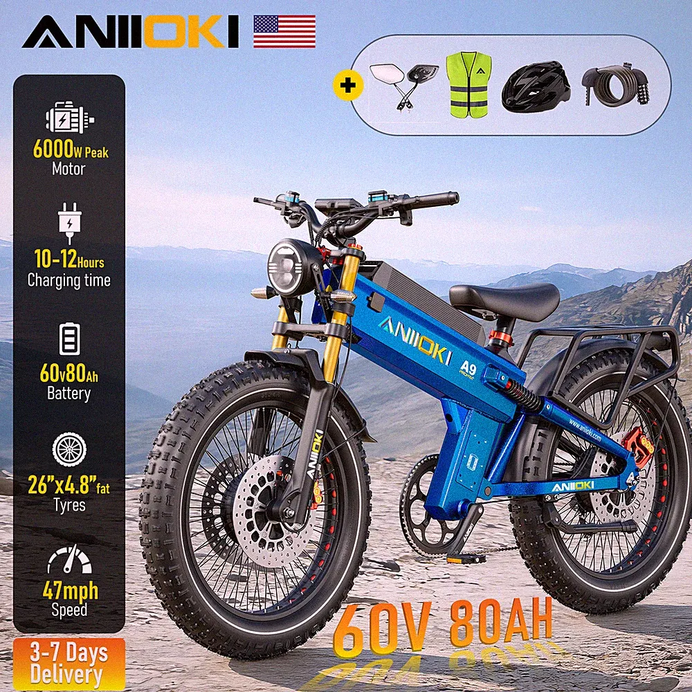 26" Fat Tire Dual Motor 6000W 60V 80AH Electric Bicycle 235 miles PAS Aniioki