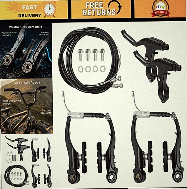 Complete Bike Brake Set - Front & Rear Calipers, Levers, Cables, MTB/Hybrid, Bla